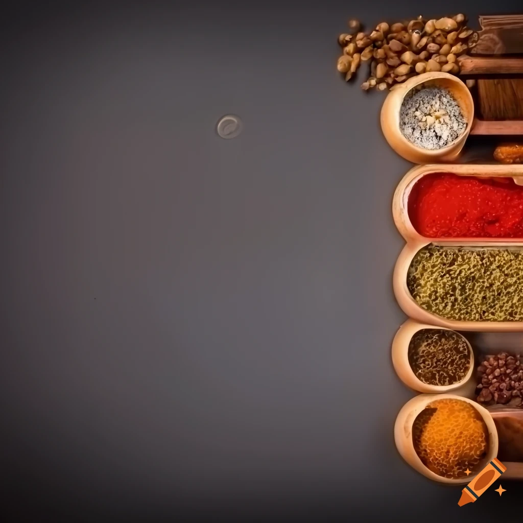 Empty kitchen worktop with spices in grey color scheme