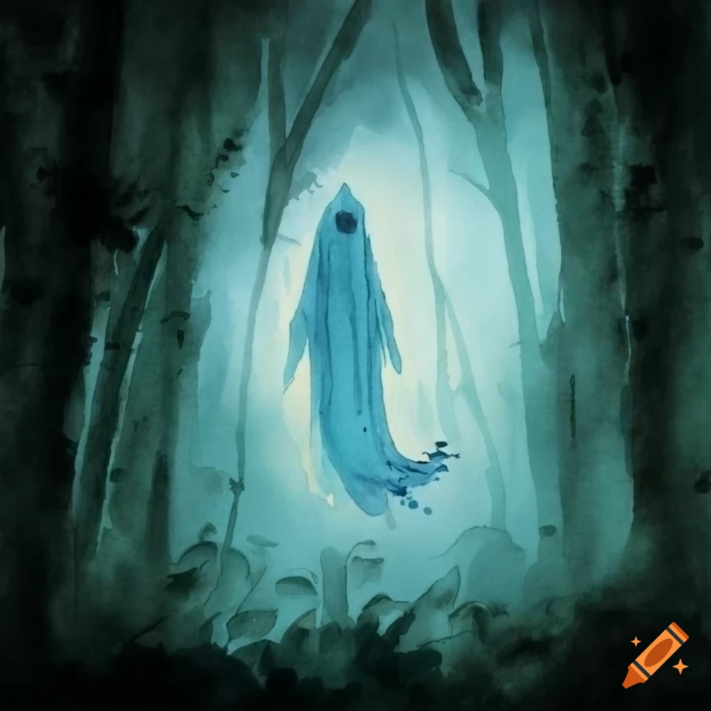 Watercolor drawing of a ghostly figure in a forest on Craiyon