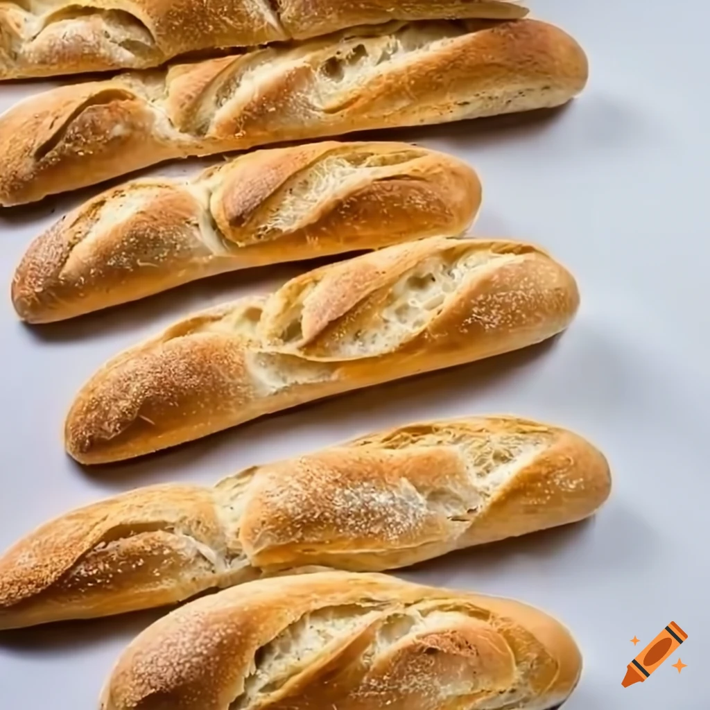 Delicious bunch of baguette bread on a white table