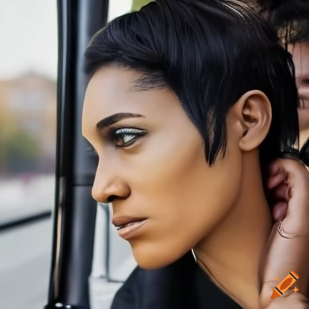 Woman with wavy black hair and arabic features getting on a bus