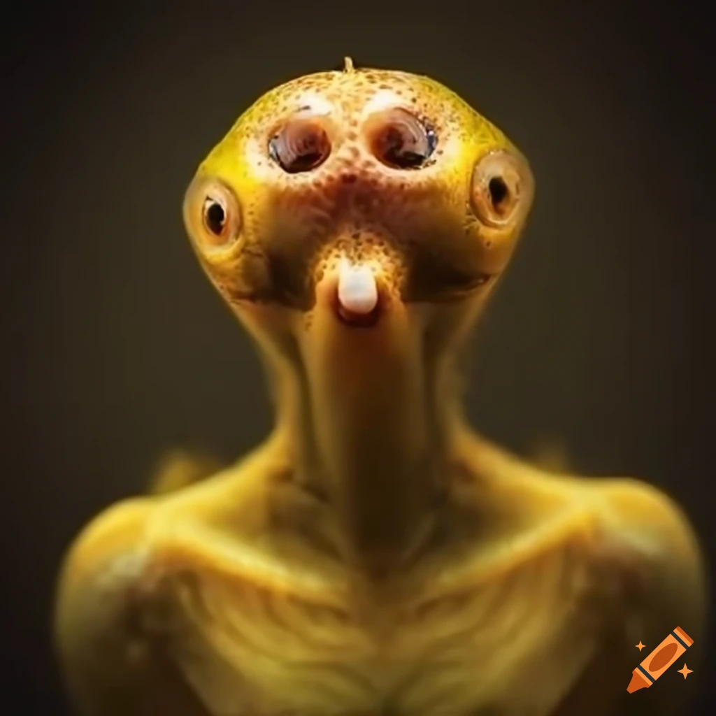 Strange creature with glowing human eye in lemon body surrounded by fruits