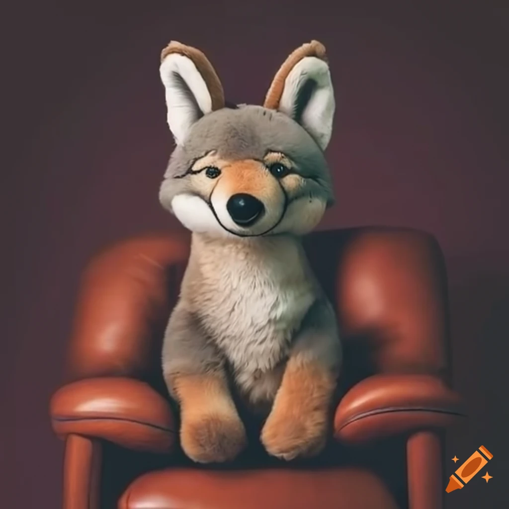 Plushie coyote in a leather armchair