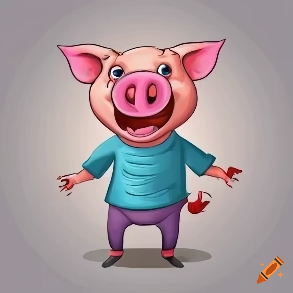 Cartoon pig standing happily with clothes on Craiyon