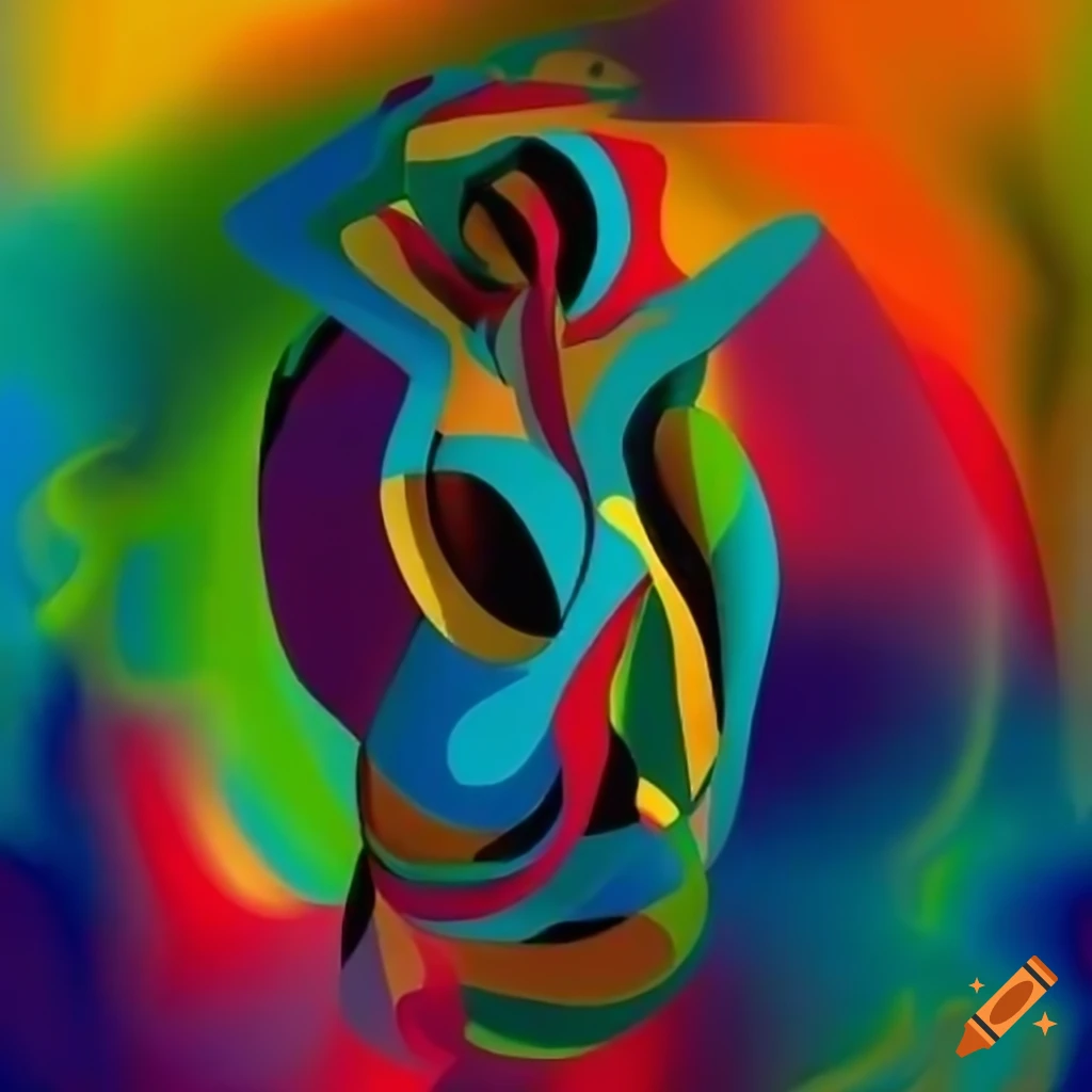 Stylized abstract representation of female figure with multiple hands and symbols of collaboration and economic growth