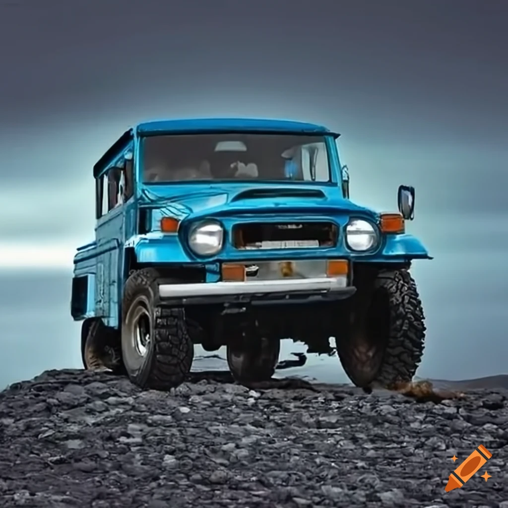 Vintage toyota land cruiser with large tires in iceland, painted lagoon