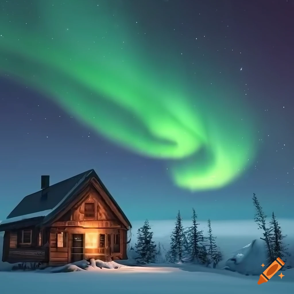Northern lights above a cabin in the snowy woods at night