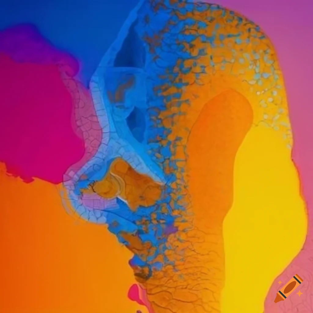 Corsica flag with Maure's head in mosaic of blue, yellow, orange, and pink colors
