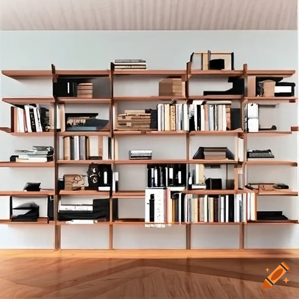 Minimalist and modern living room with a subtle bookshelf and warm lighting