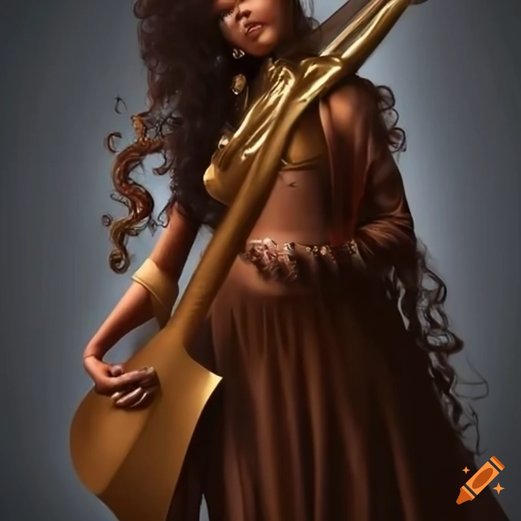 African American half-elf girl musician playing a golden lyre
