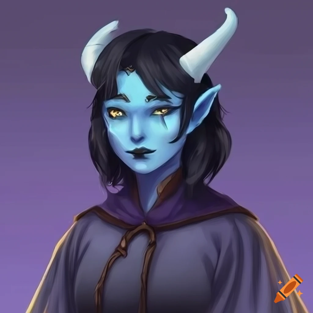 Cute Young Female Tiefling With Black Hair And Blue Skin Wearing A Cloak On Craiyon 