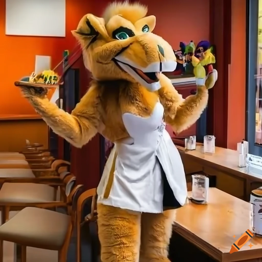Waitress wearing full body camel mascot fursuit at a fast food restaurant