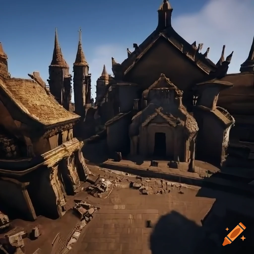 Aerial view of an Etruscan-Hittite-Viking temple with golden towers and sci-fi skyscrapers
