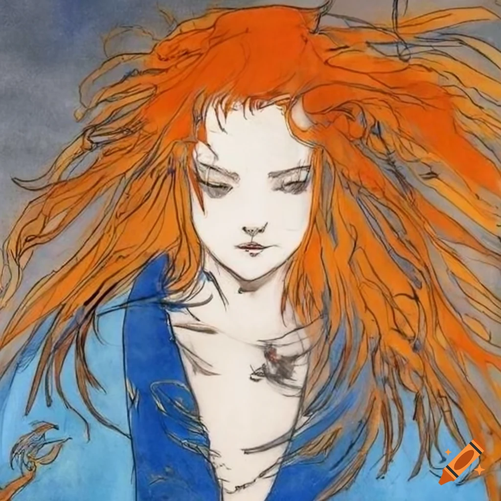 Wild woman with orange hair in a blue robe, final fantasy concept art ...
