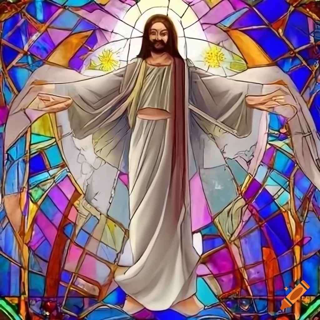 Anime art of Jesus in celestial form with stained glass background