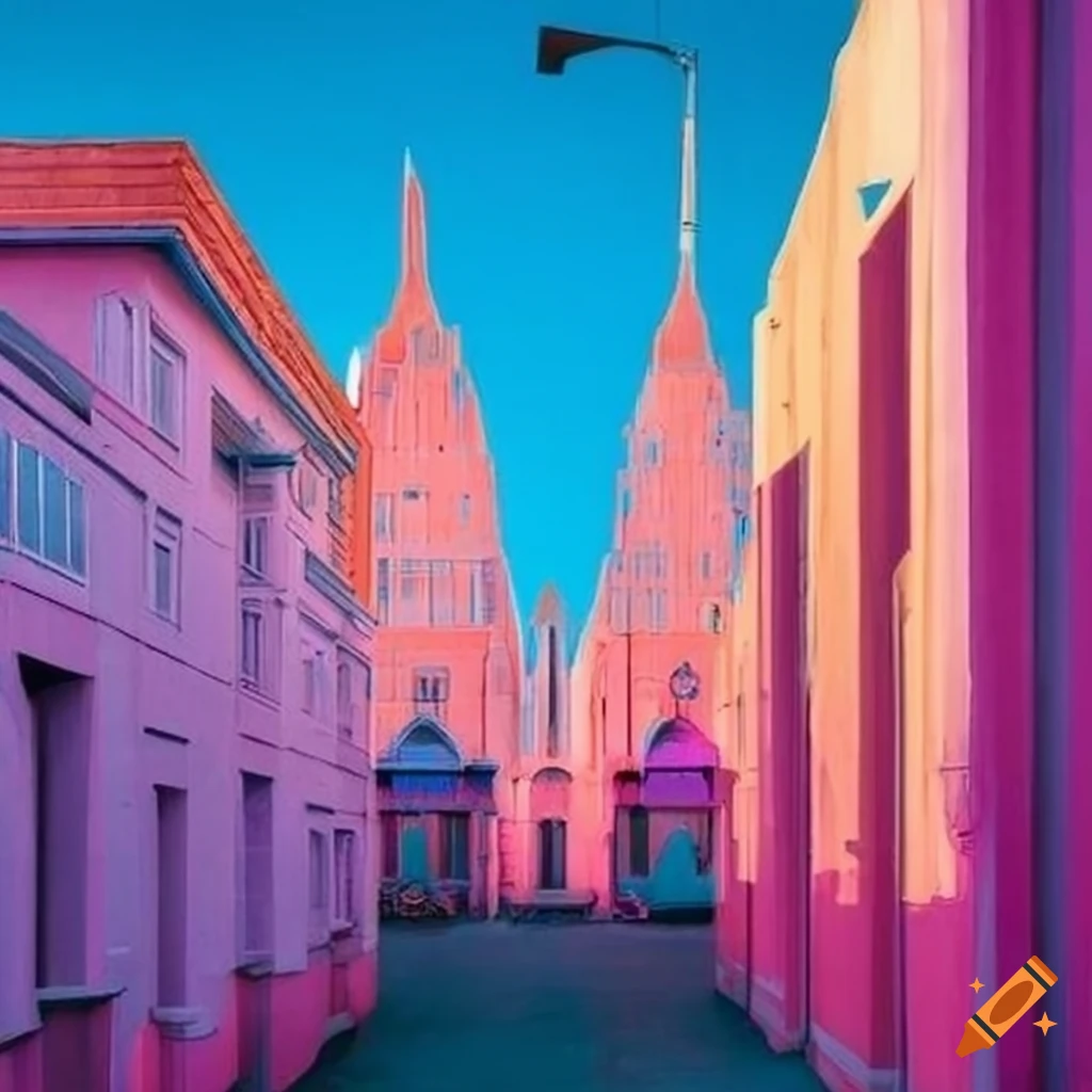 Pastel retrofuturist suburban utopia with unique architecture