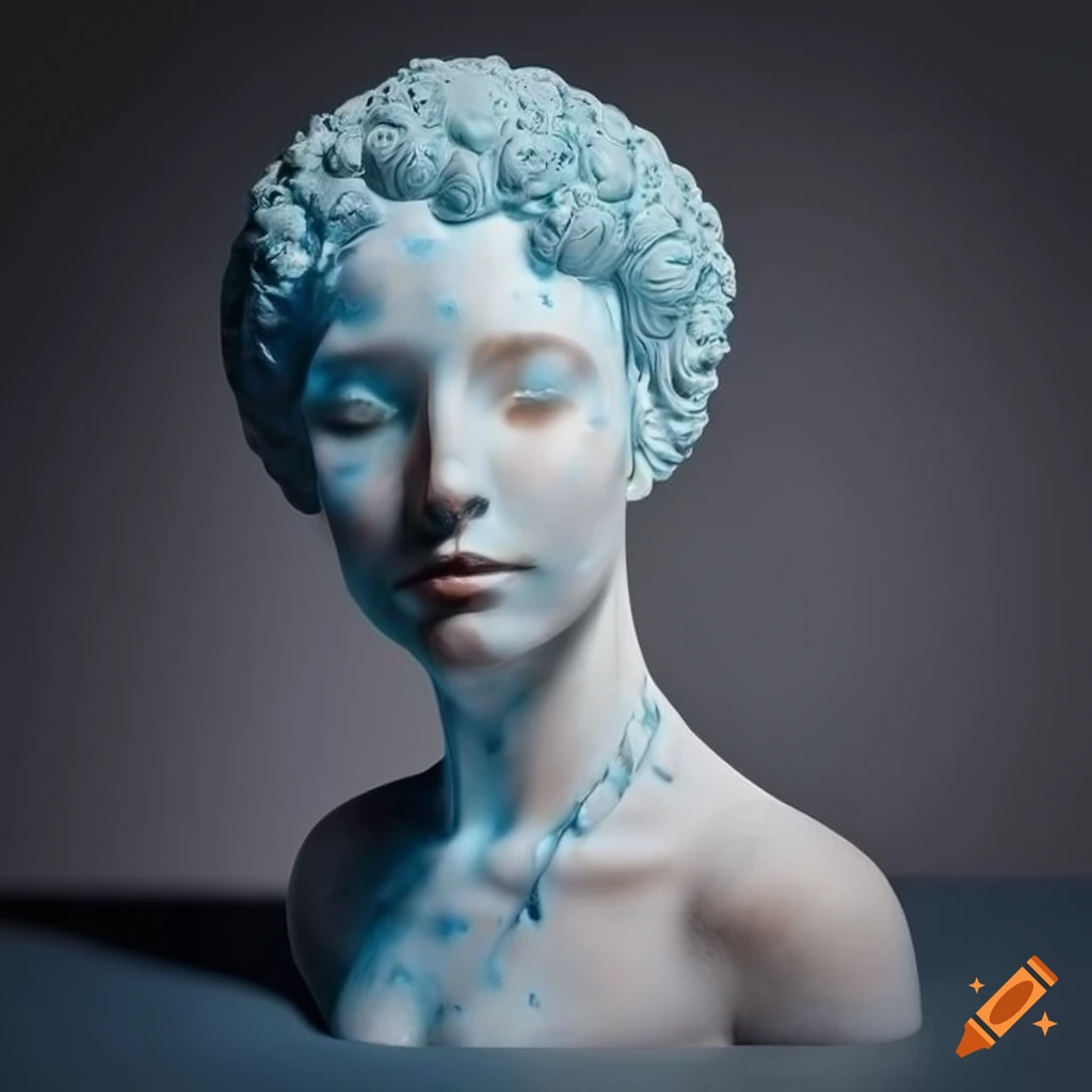 Soft marble sculpture of a cosmic relaxed woman with fractal jewels on