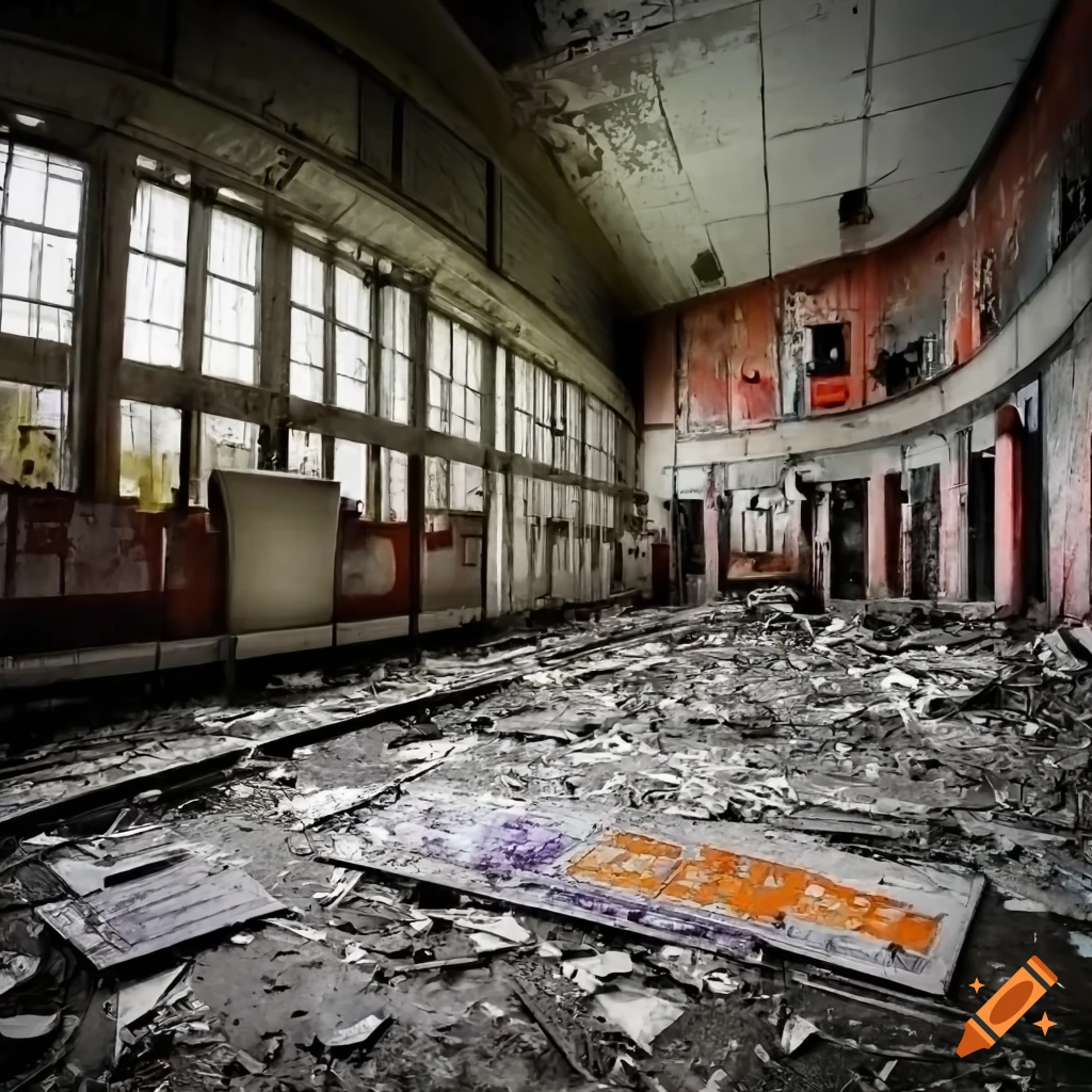 Abandoned and decayed transit hall of a Dutch airport with rows of chairs and information signs