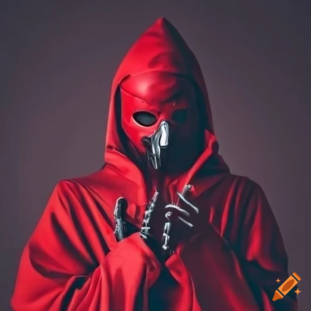 Man in futuristic red robe and black mask with metal gloves and boots