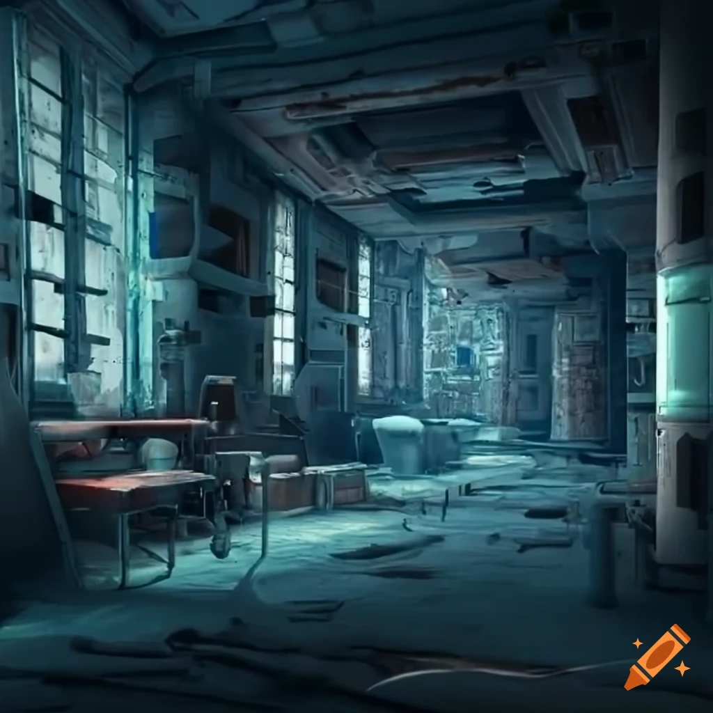 Rusted complex construction with a sci-fi medical room and medical equipment