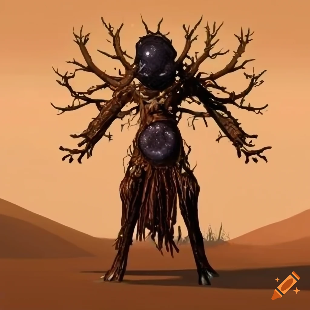 Fantasy walking bark with black orb and floating branches in a desert