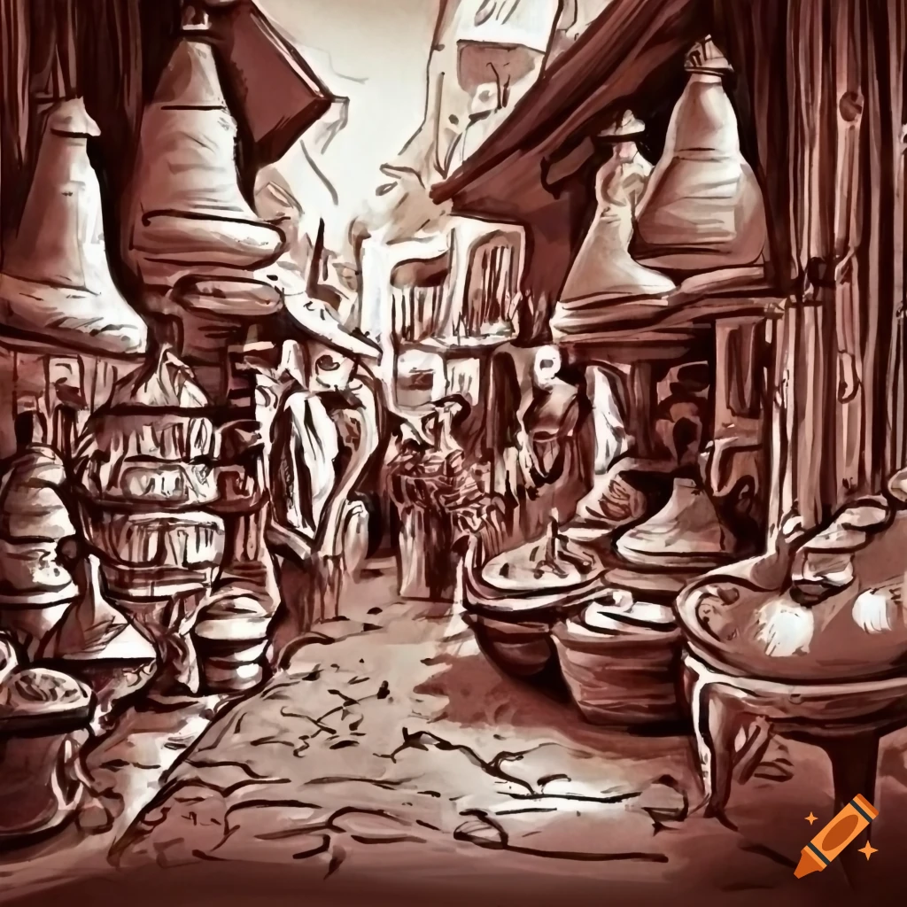 Sketch of a busy Moroccan bazaar with spices, coffee pots, and tagine pots