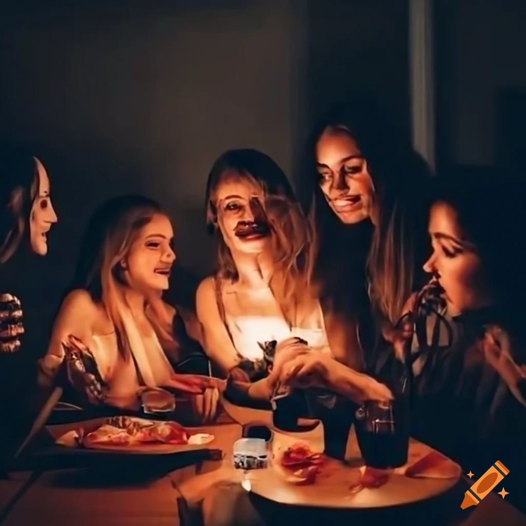 Grupo de personas comiendo por la noche en la mesa