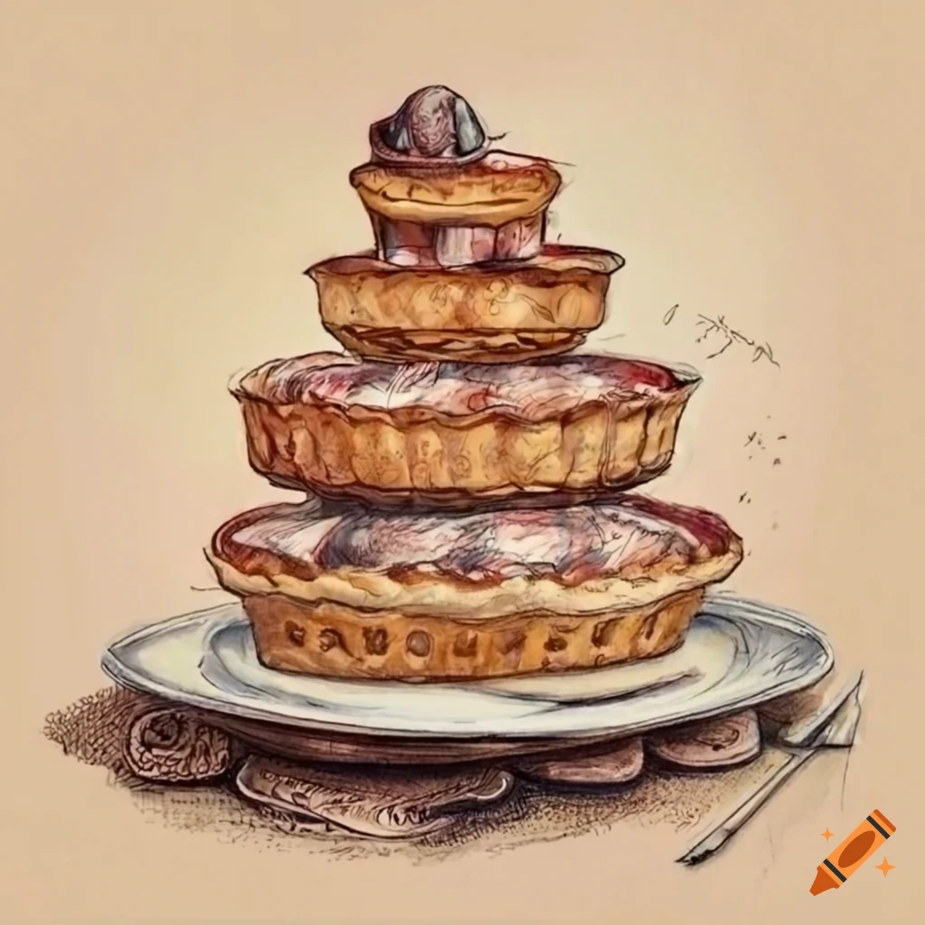 Pencil drawing of a lavish dining table with delicious pies, roasts, and cakes on Craiyon