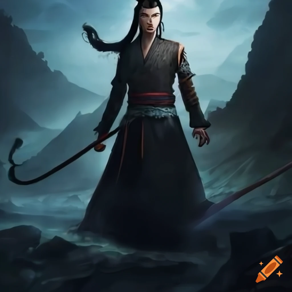 Wuxia martial artist standing behind a mountain on Craiyon