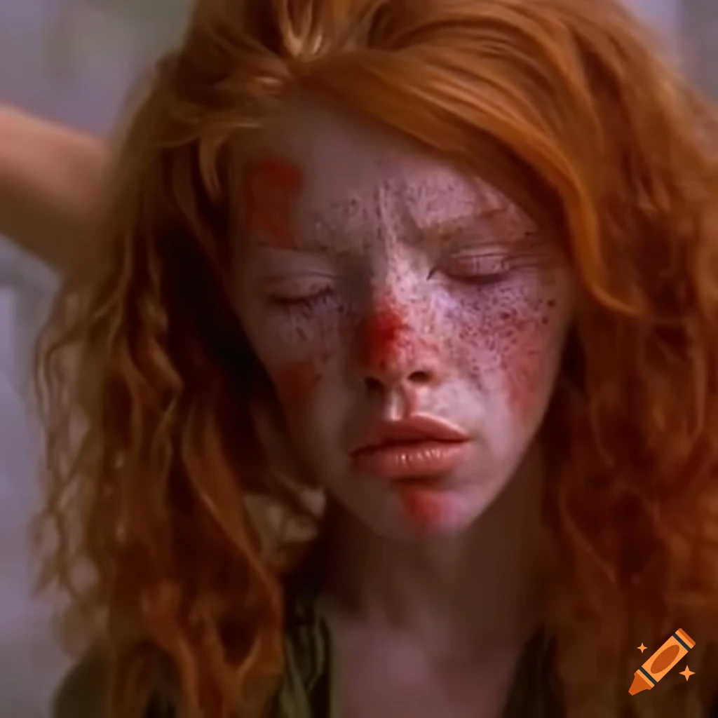 Freckled ginger woman fighter in combat outfit in a 90s movie