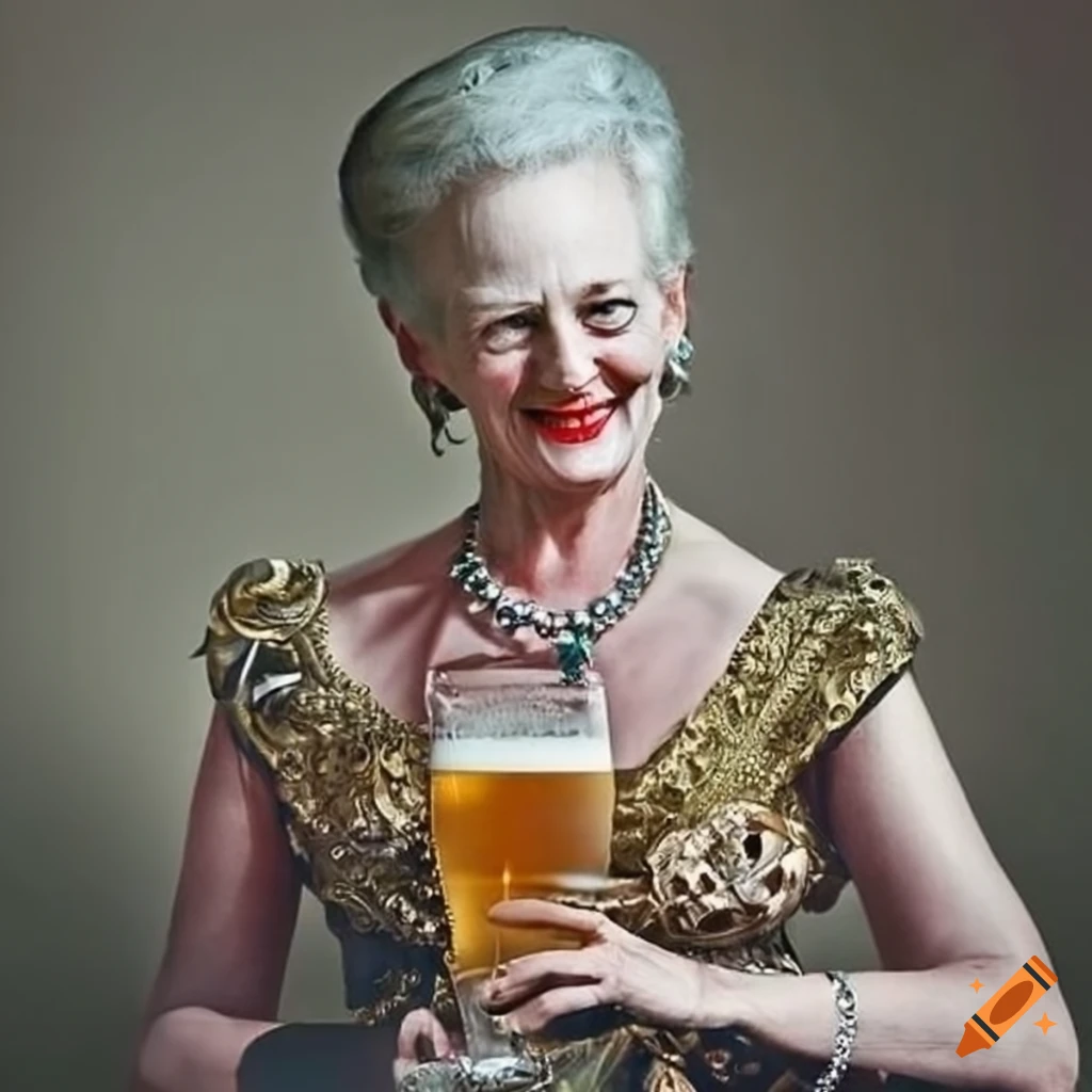 Queen Margrethe holding a beer