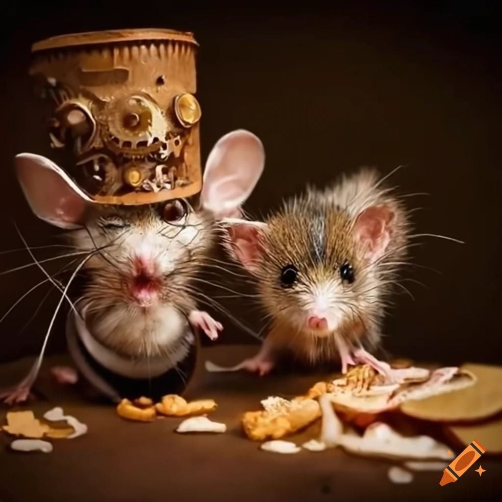 Two mice in steampunk outfits stealing food