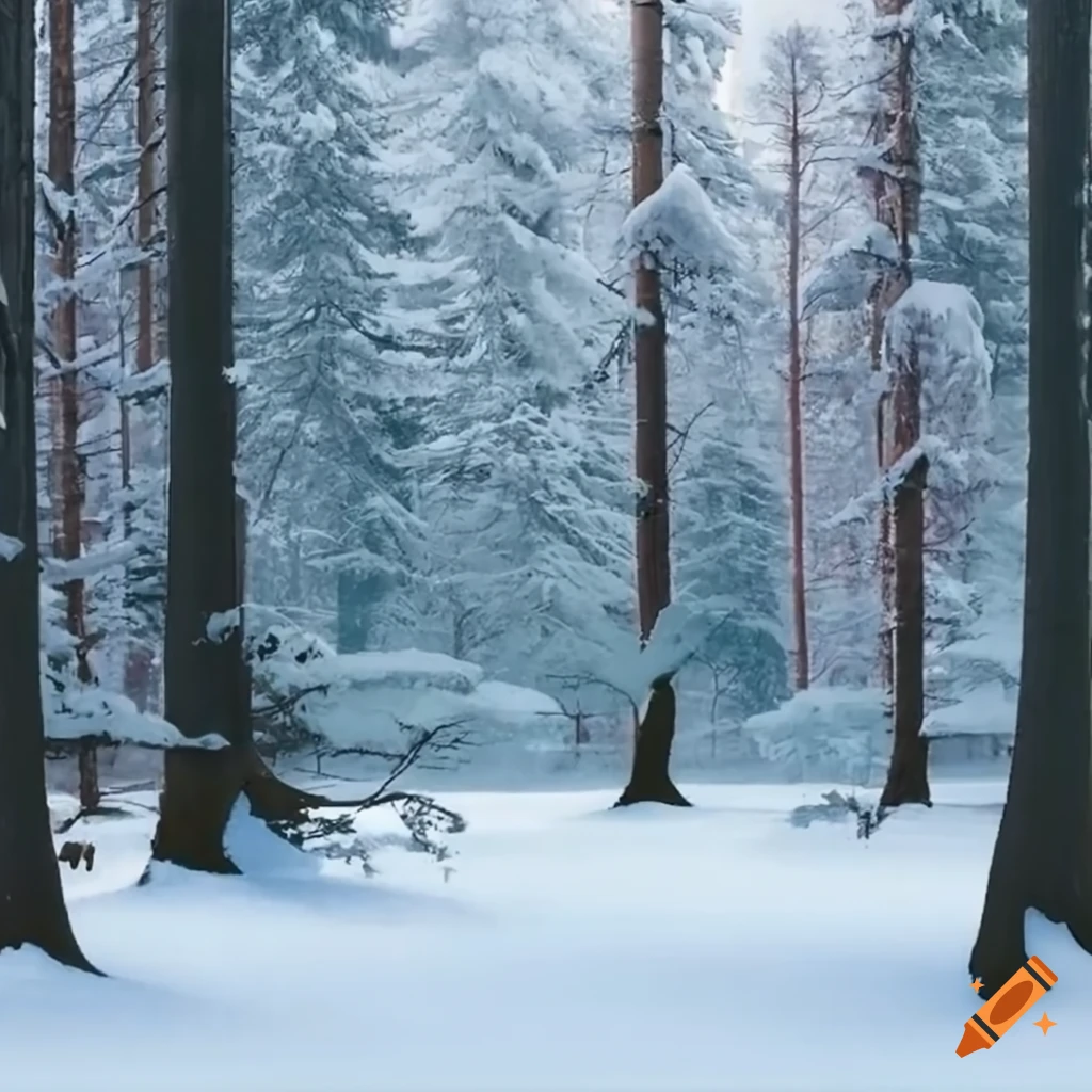 Snowy glade surrounded by pine trees on Craiyon
