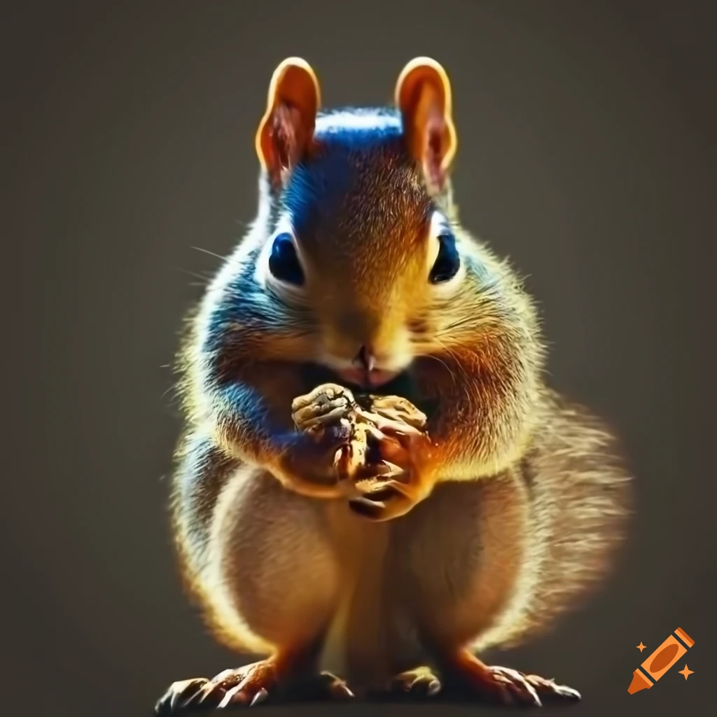 Close-up art of squirrel's paws delicately holding a nut with emanating ...