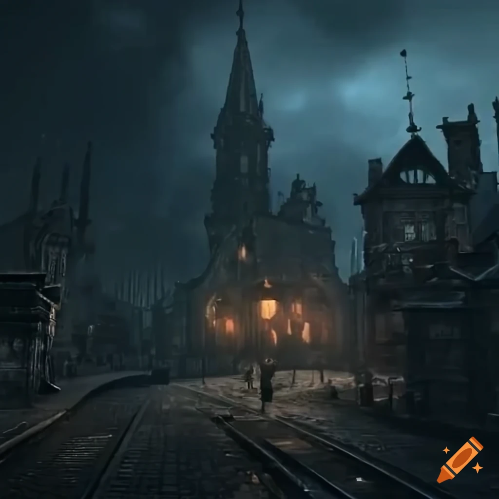 Town with gas lamps in bloodborne style setting on Craiyon