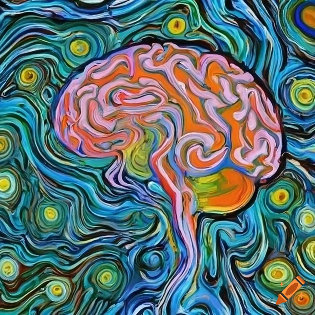 Intricately painted brain with swirling patterns and bold colors in van
