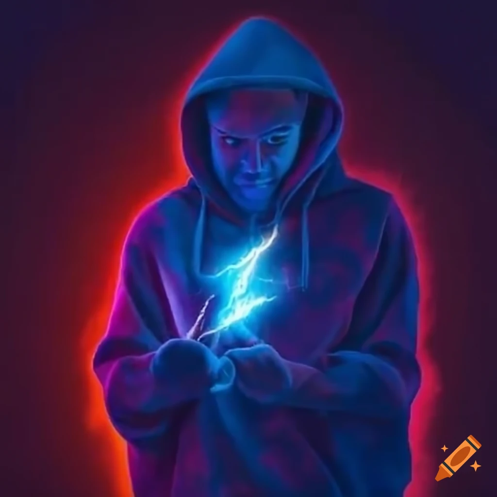 Young man with electricity in his hand and Thunder logo on his hoodie