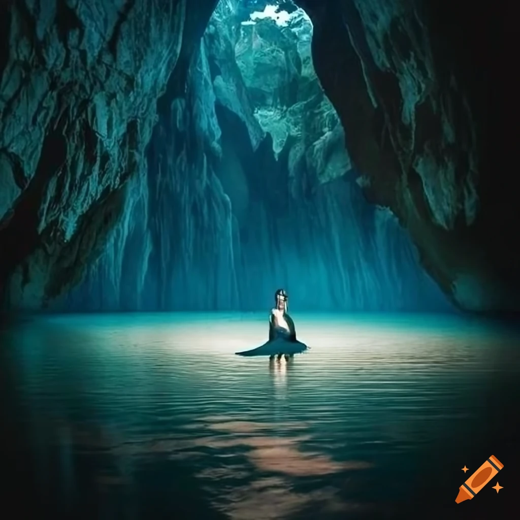 Cave with tall ceiling and circular lake surrounded by smooth rocks