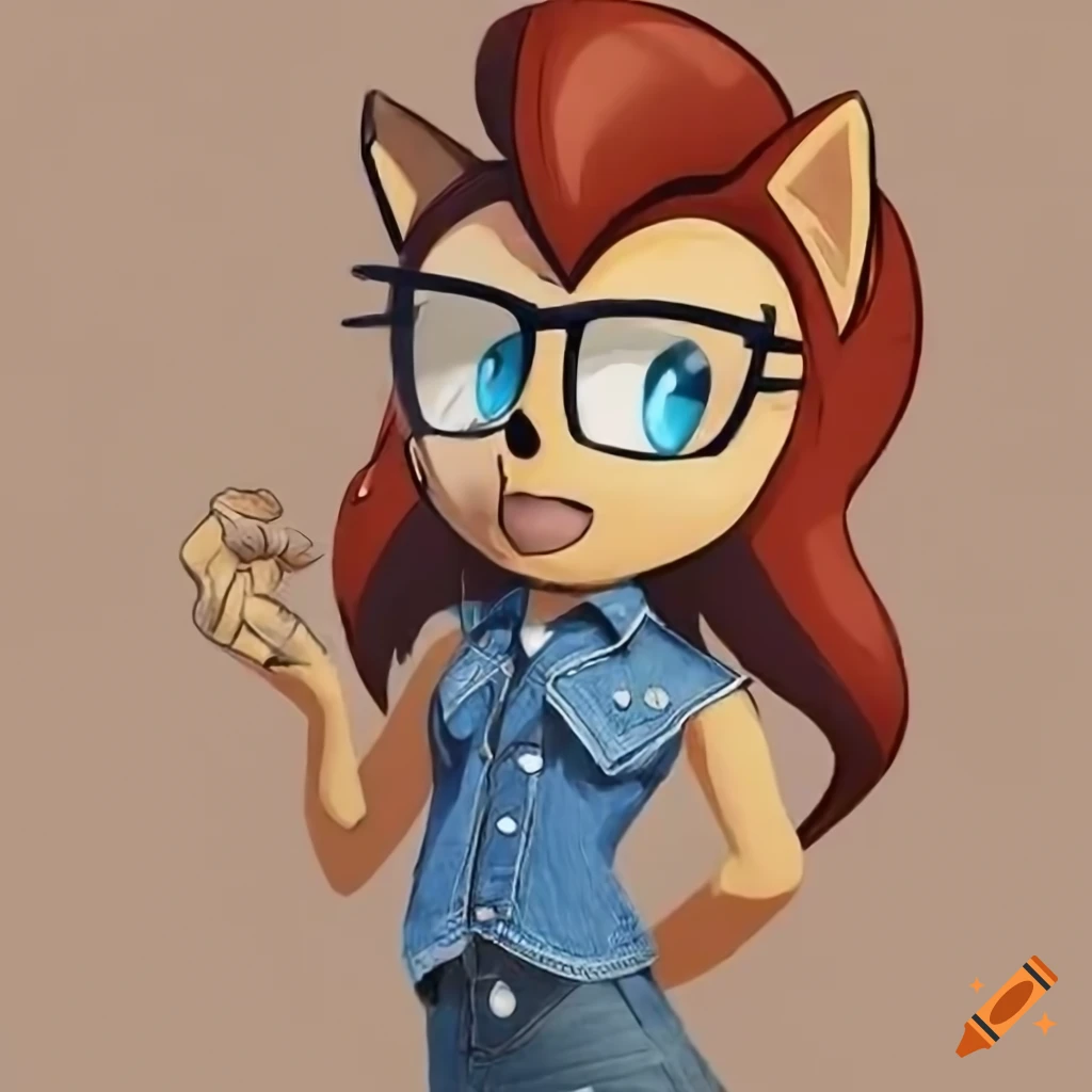 Sally Acorn with short gray hair, denim sleeveless collared shirt, and glasses