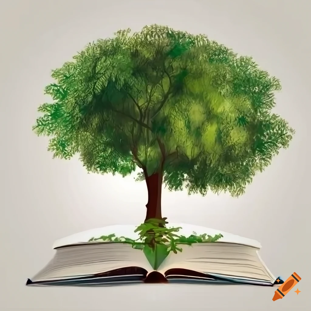 Tree growing out of an open book with white pages in a line