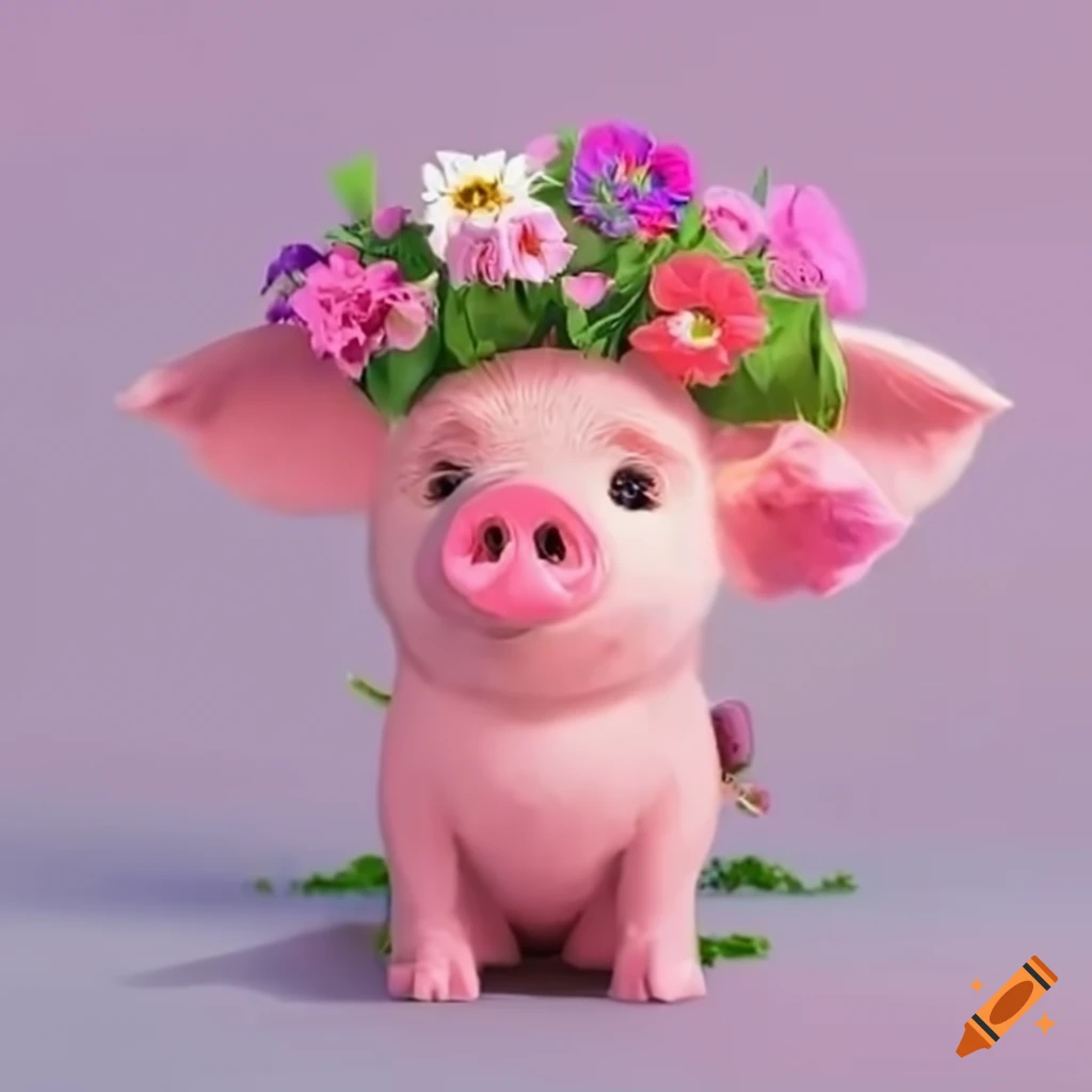 Adorable pink pig with a bouquet of freshly picked flowers