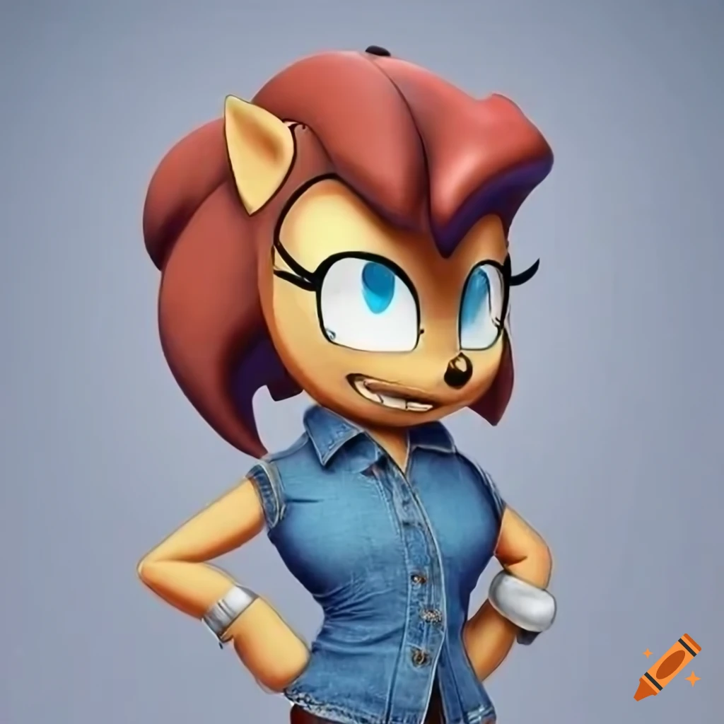 Sally Acorn with short gray hair, denim sleeveless collared shirt, and glasses