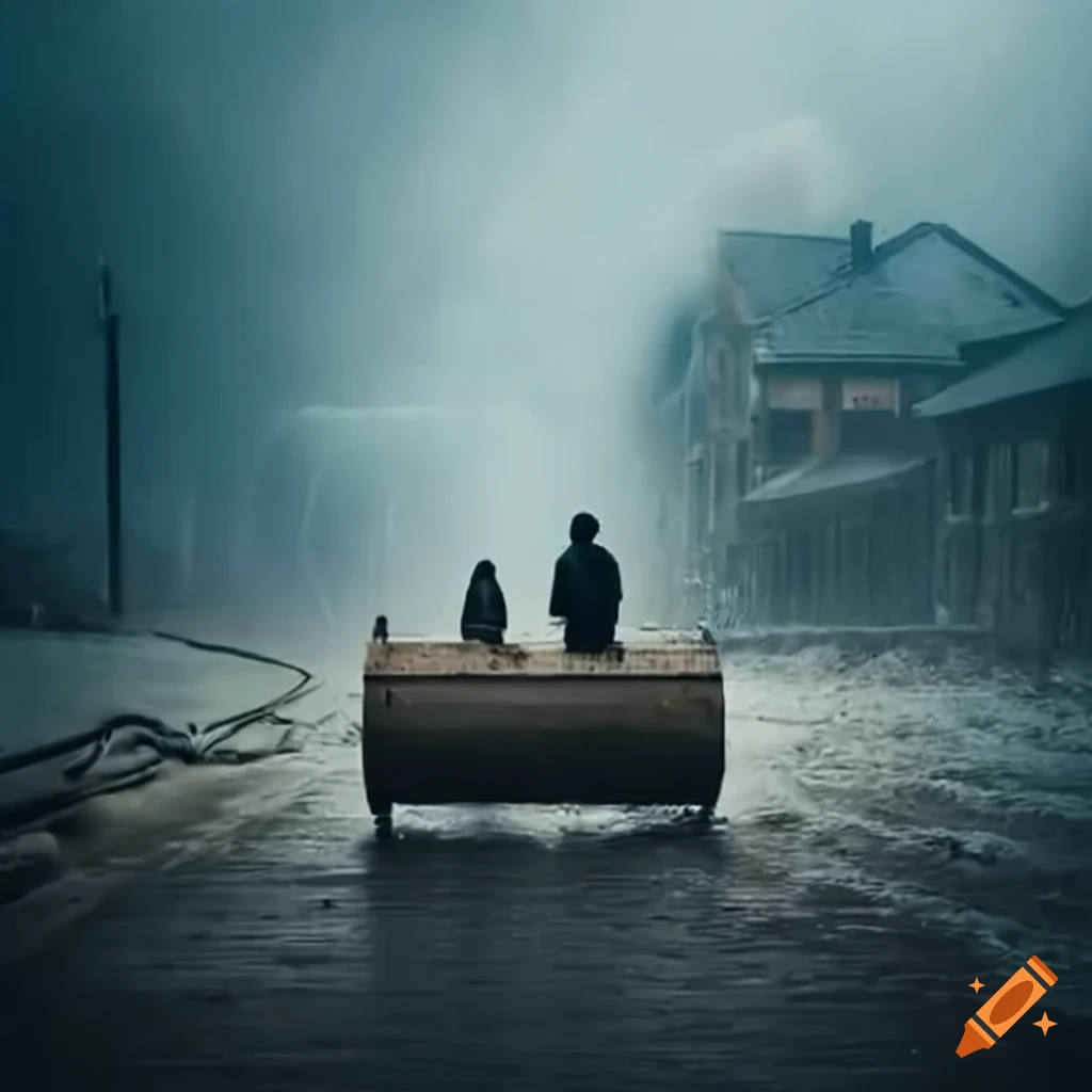People pushing a giant steam roller during a storm