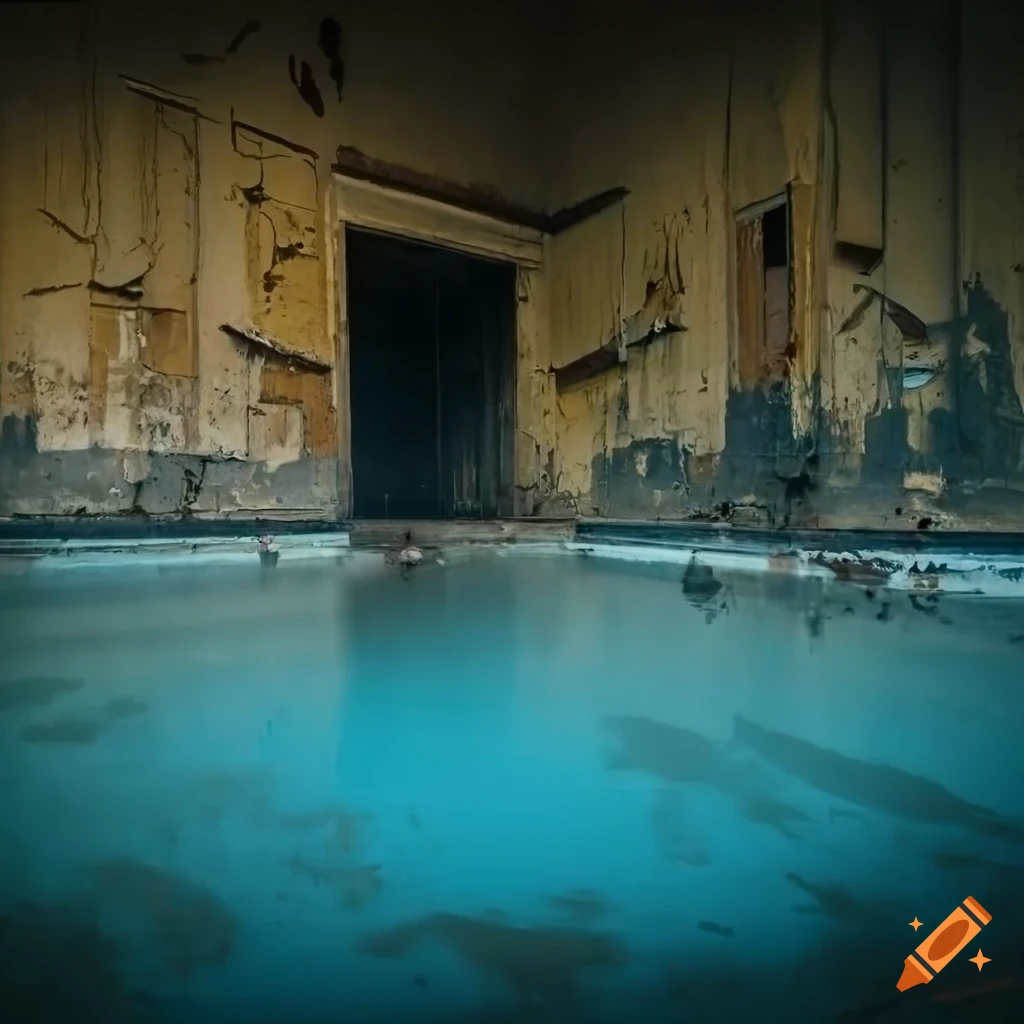 Abandoned murky swimming pool with peeling paint, industrial cables