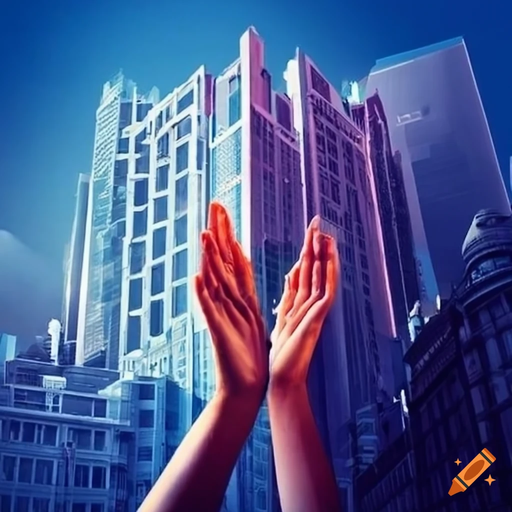 People joining hands in a modern cityscape
