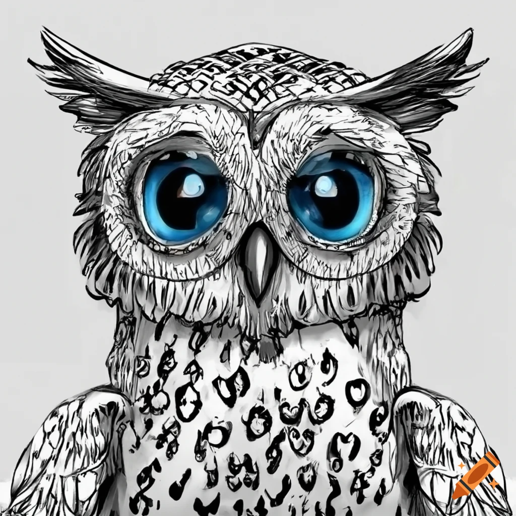 Cute black and white cartoon owl with blue eyes