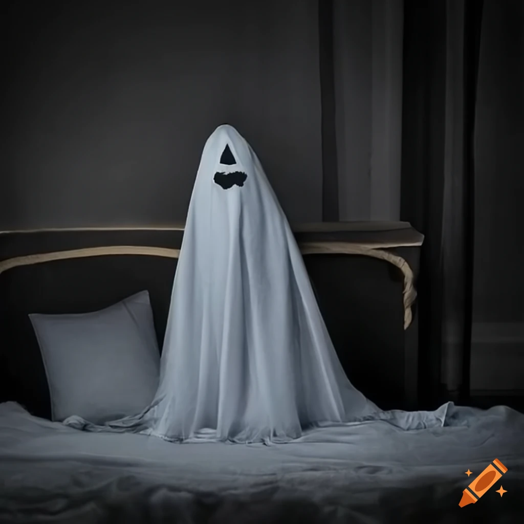 Spooky bedsheet ghost covering a sleeping cheetah for halloween on Craiyon