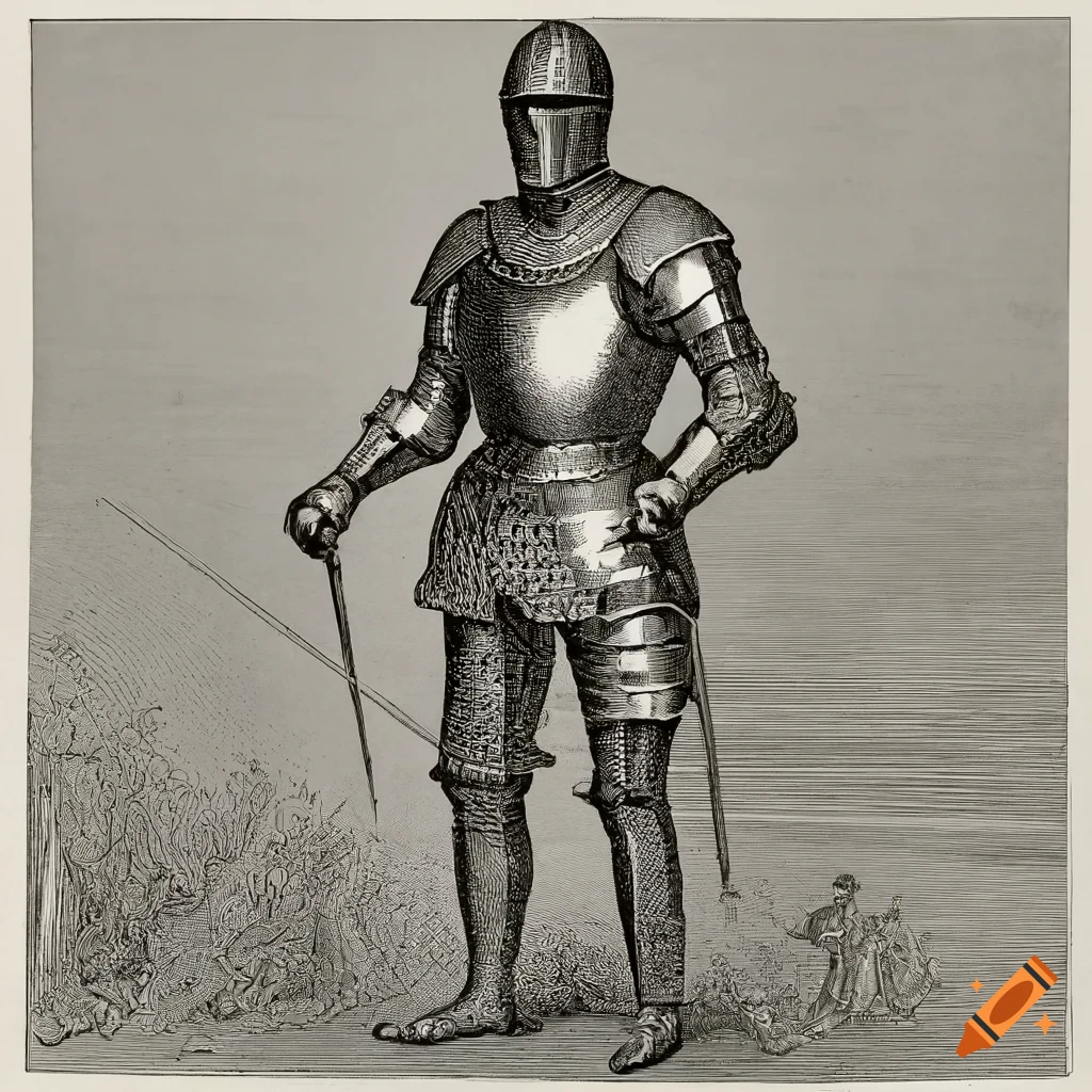 Engraving of a noble knight in plate armor standing on the battlefield surrounded by corpses