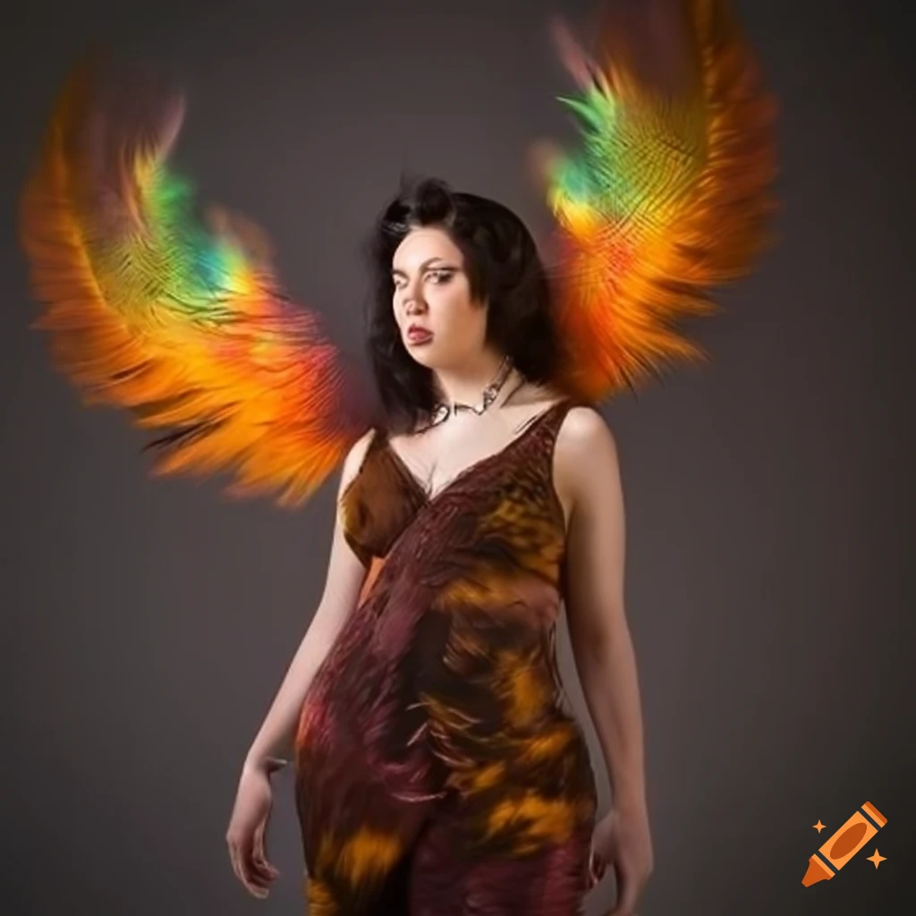 Chubby vibrant female phoenix-human hybrid with stunning colorful feathers