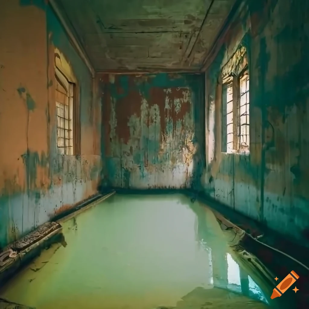 Abandoned murky swimming pool with peeling paint and industrial windows