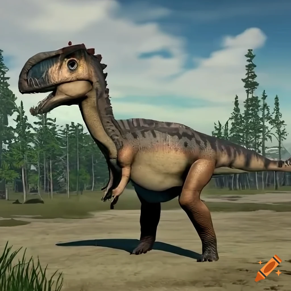 Detailed hadrosaurus dinosaur with intricate color pattern and scaly skin in warm morning light